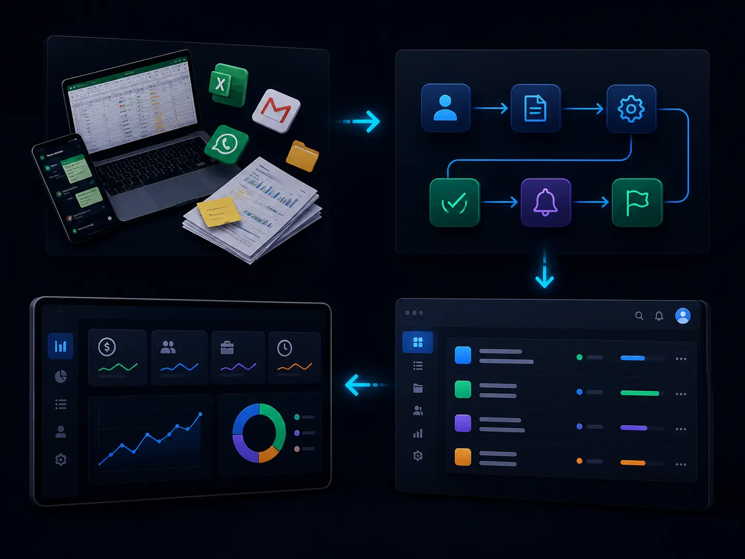 Business systems and automation workflow diagram