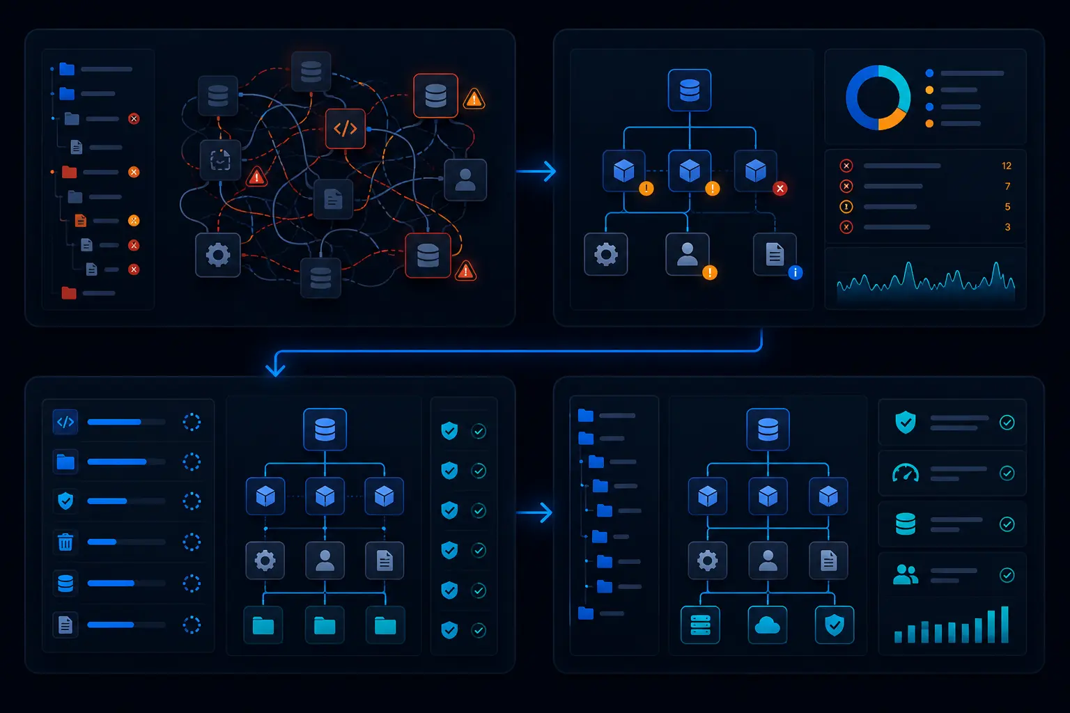 Code cleanup and refactoring process showing tangled code transformed into clean structured architecture