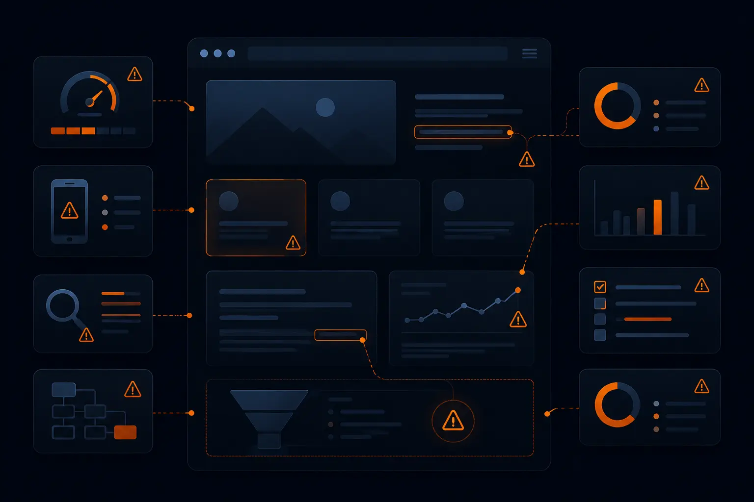 Problem-first discovery process showing website issues identified across speed, mobile, SEO and structure