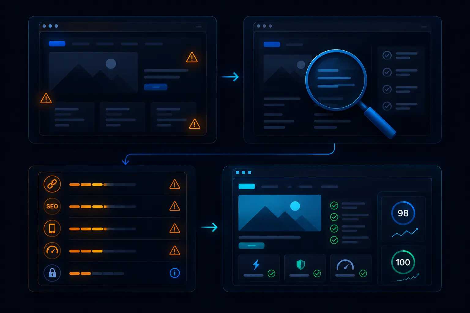 Website audit process showing issue detection and optimization results