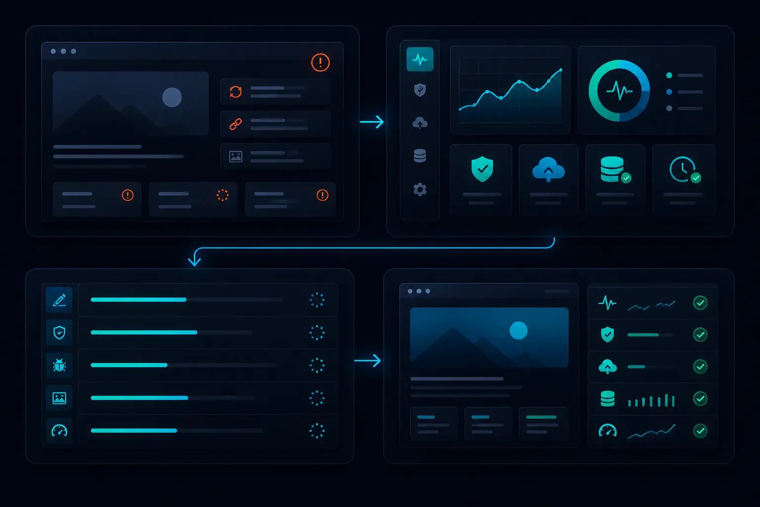 Website maintenance workflow showing monitoring, updates and issue resolution